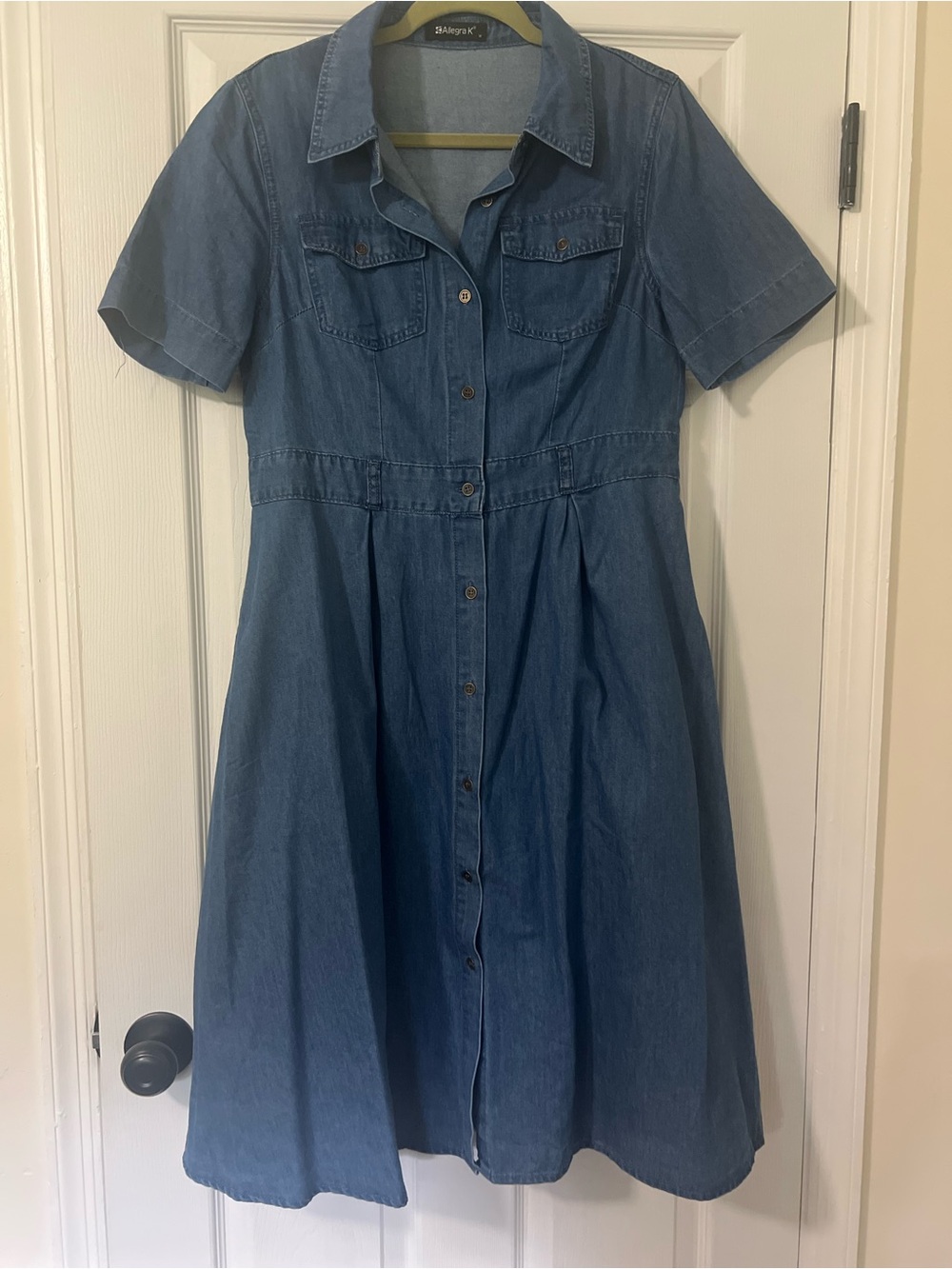 Allegra K Women’s M Blue Denim Shirt Dress Collared Button Front Pockets Pleat